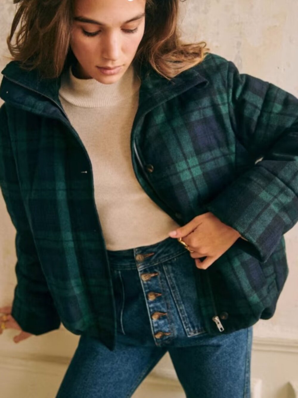 [Sezane] Java Puffer Jacket in Navy Tartan, Size 38/M